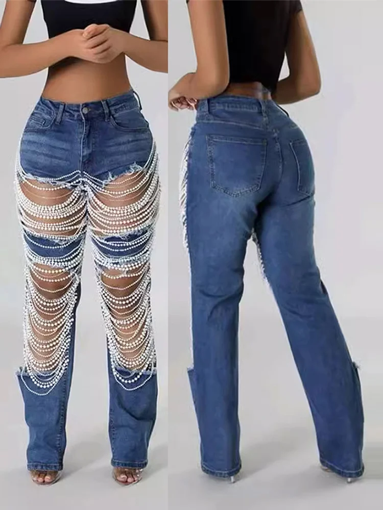 

Ripped Holes Women Pearl Denim Pants High Street Slim Elegant Full-length Jeans for Lady Chic Fashion Streetwear Casual Pant