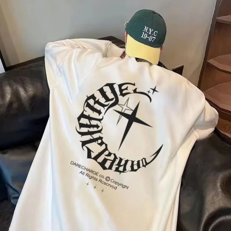 M-8XL Autumn Men Oversized Sweatshirts Fashion Loose American Moon And Stars Print Long Sleeve Plus Velvet Couple Clothes