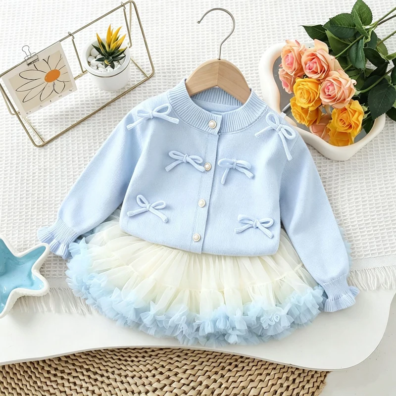 IYEAL Girls' Bow Sweater + Skirt 2025 Autumn New Korean Edition Children's Stylish Knitted Versatile Cake Skirt Two Piece Set