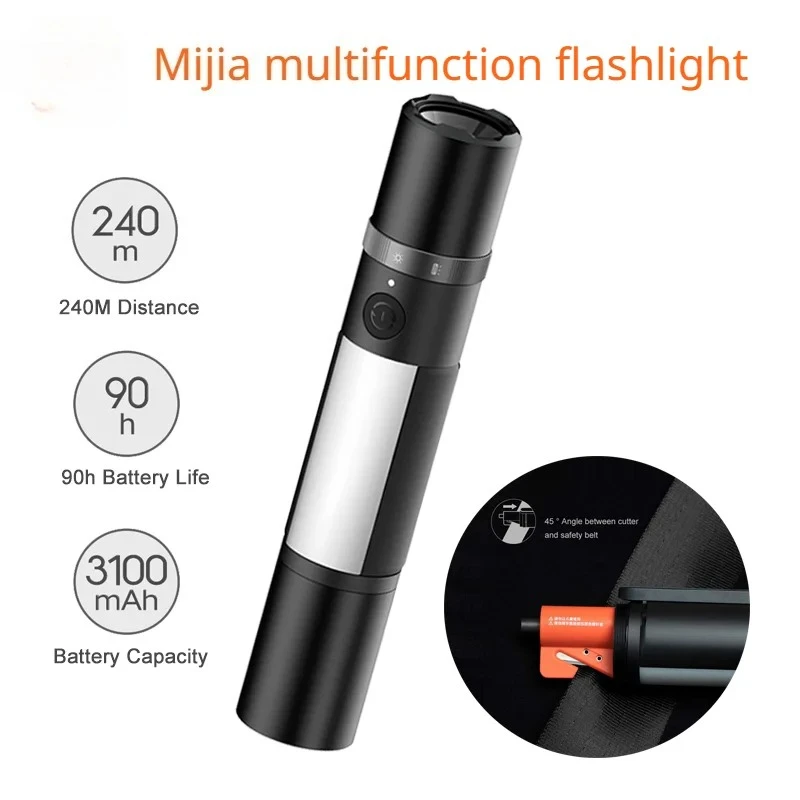 Xiaomi Mijia Multi-functional Zoomable Ultra Bright Torch Window Breaker Safety Belt Cutter Car Emergency Light LED Flashlight