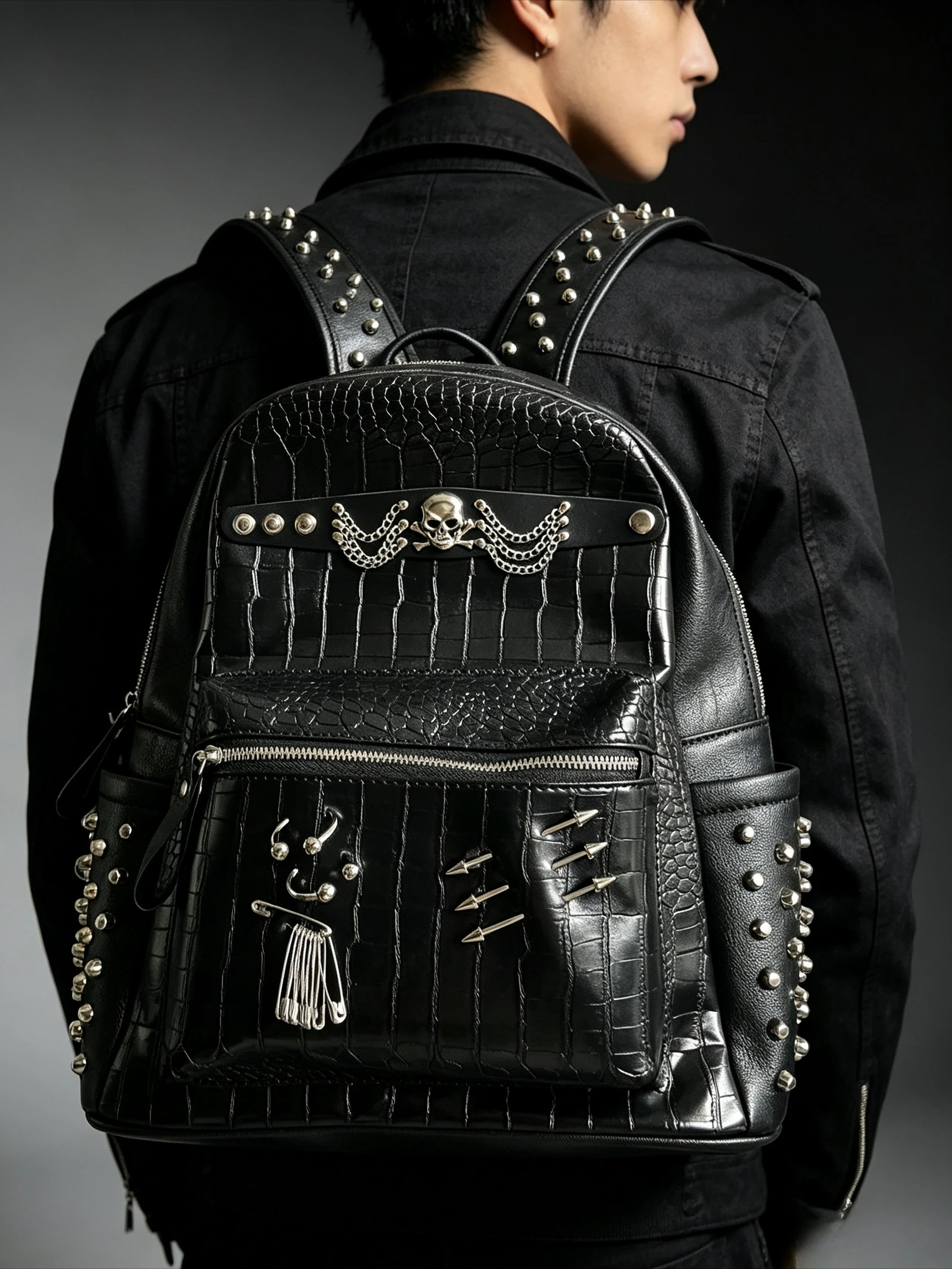 Men and Women Large Capacity Crocodile Textured Backpacks Fashion Motor Style Schoolbag Original Designed Punk Backpack