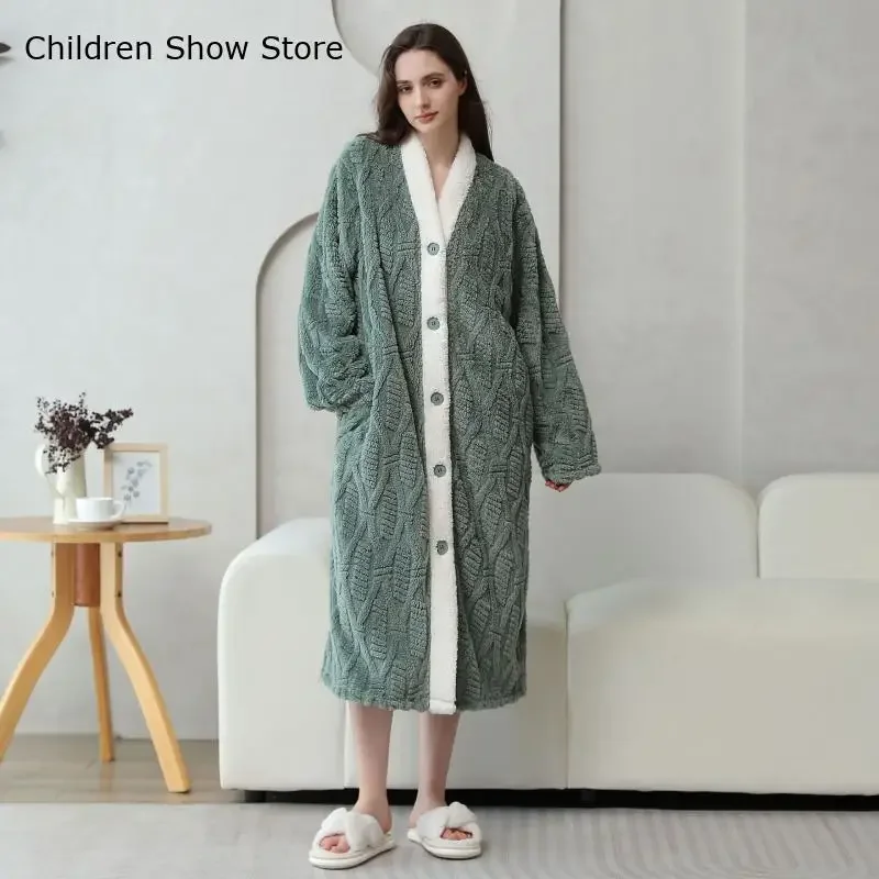 Lady Thicken Fleece Jacquard Home Clothes Sleepwear Winter Warm Kimono Nightgown Long Button Down Loungewear Peignoire Robe