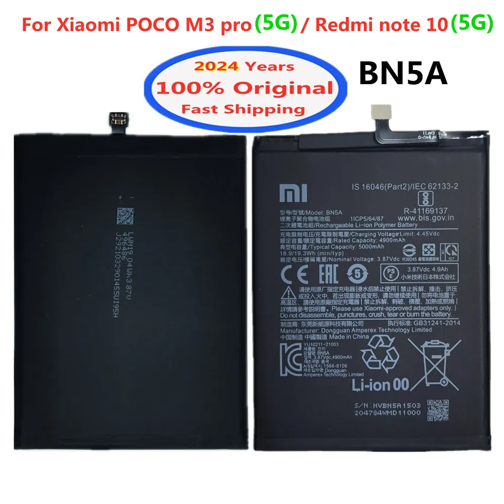 2024 Years 5000mAh BN5A 100% Original Battery For Xiaomi POCO M3 Pro M3Pro Redmi Note 10 Note10 5G Mobile Phone Battery Bateria