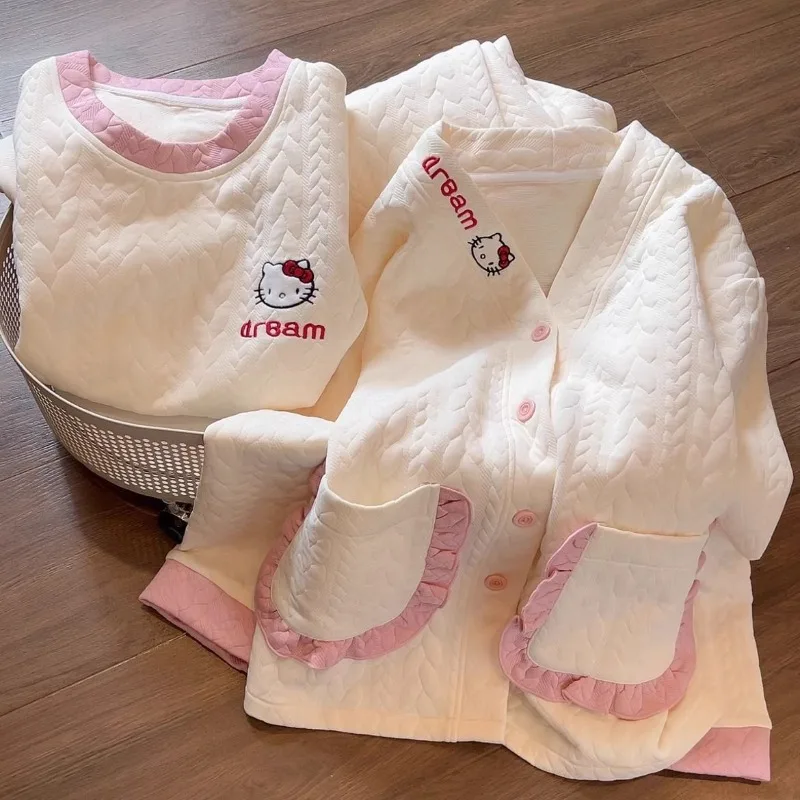 

Three-piece Pajamas for Girl in Autumn Air Cotton Sandwich Thick Warm Casual Hellokitty Cartoon Home Clothes Can Be Worn Outside