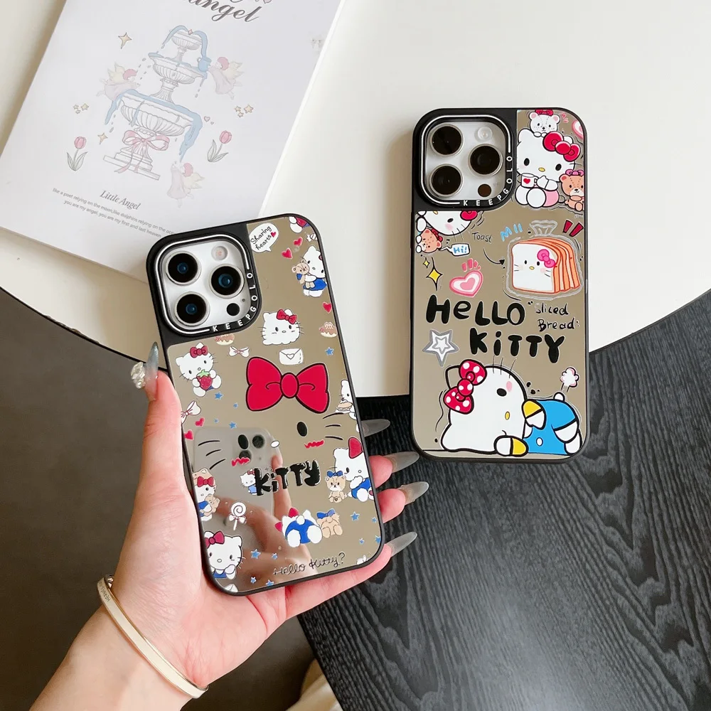 Cartoon Hello Kitty Bread Painting Silver Mirror Magnetic Case For Iphone 13 15 16 17 Pro Max 12 14 Plus Hard Shockproof Cover