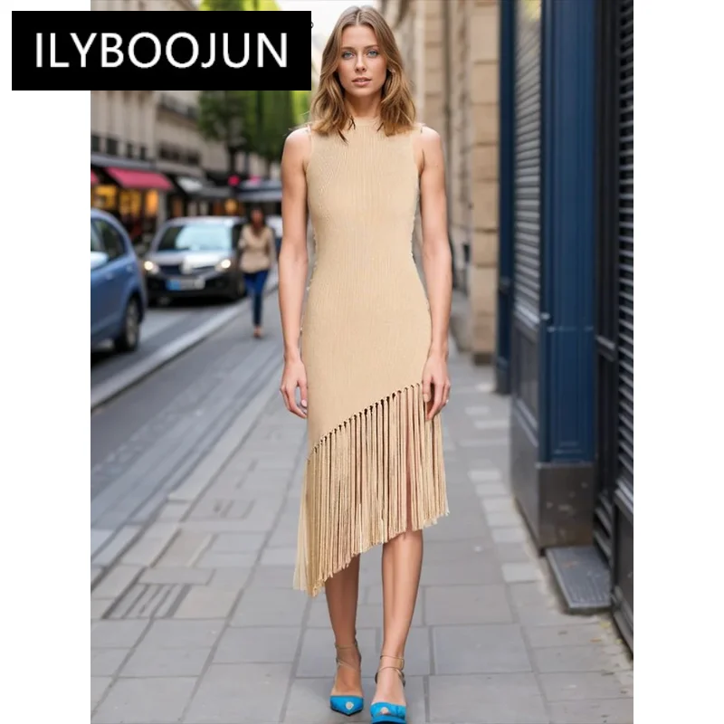 

Patchwork Tassel Slimming Dresses For Women Round Neck Sleeveless High Waist Temperament Dress Female Fashion Luxury Brand