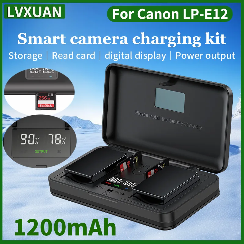 Bateria LVXUAN LP-E12 i ładowarka USB LCD do aparatów Canon EOS-M, M2, M10, M50, M50 Mark II, M100, M200, SX70 HS, Rebel SL1. Posiada funkcje