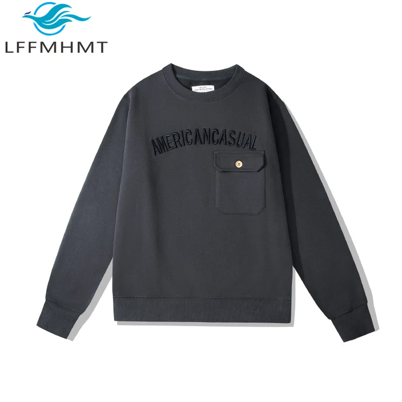 500GSM Heavyweight Letter Embroidery Sweatshirt Men Winter Fall Oversized Pullover Hoodie with Pocket Casual Streetwear Tops