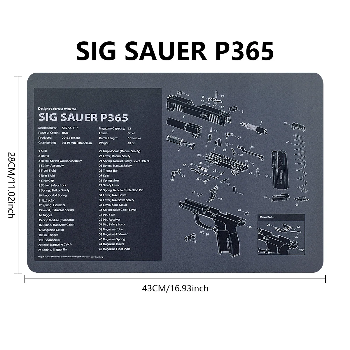 حصيرة تنظيف المسدس التكتيكي - SIG P250 CZ Shadow 2 Glock 17/19 أجزاء مخطط لوحة الماوس مع تعليمات ومطاط غير قابل للانزلاق