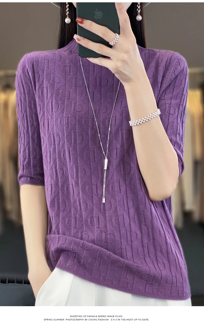 Women New Soft Diamond Letter Design Sweater Half-high Collar Three Quarter Sleeve Pullover Spring Summer Casual Knit Slim Top