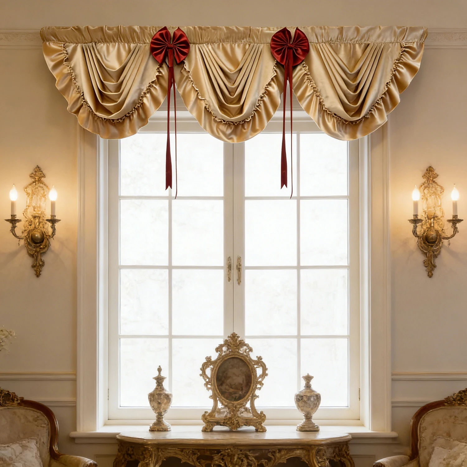 Luxury European Velvet Wave Swag Curtain Valance with Bow Ruffled Design , Brown/Burgundy Waterfall Curtains for Living Room