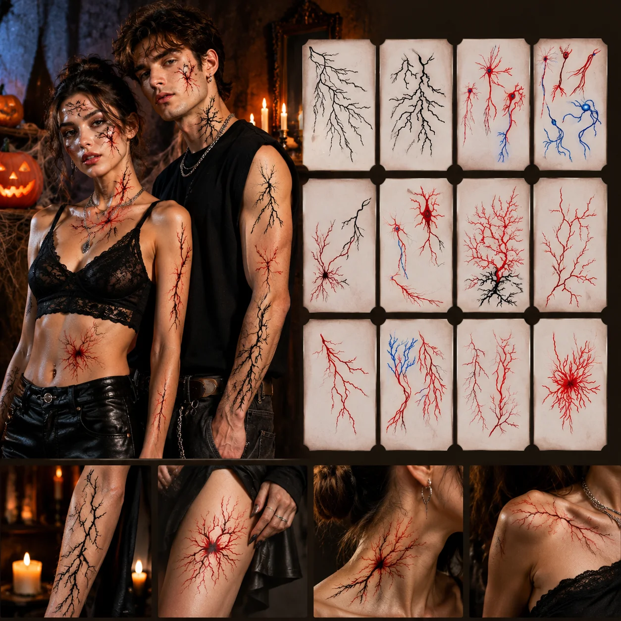 Halloween Realistic Blood Vessel Temporary Tattoo Stickers Blood Vein Nerve Pattern Body Decals For Zombie Cosplay Scary Theme