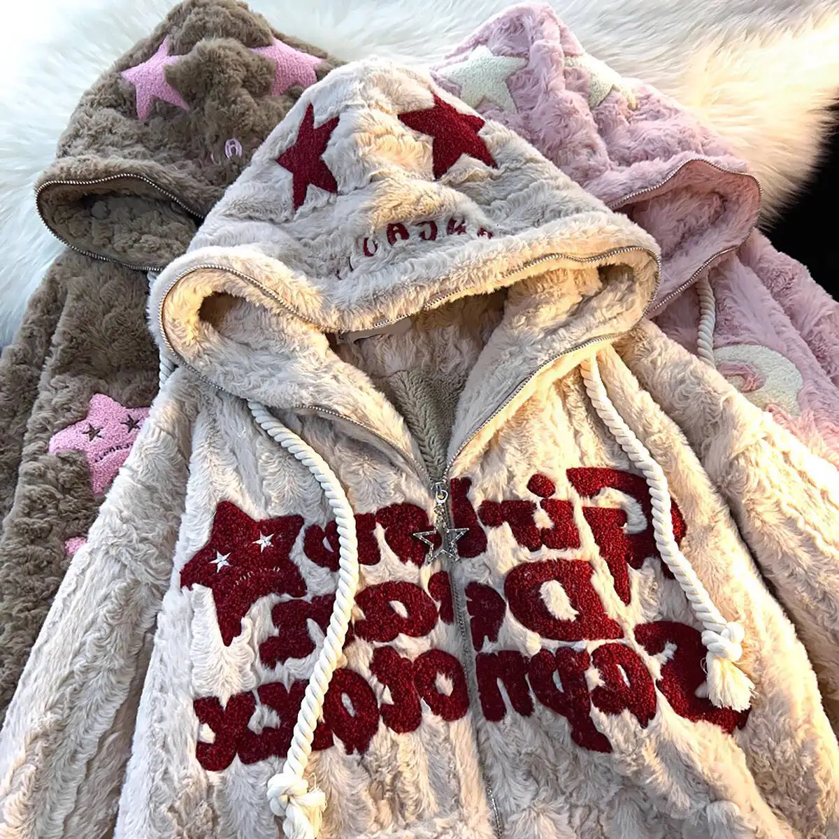 2025 Autumn Winter Women's Sweater Star Patterned Lamb Wool Jacket Loose Oversize Fleece Thickened Fuzzy Hooded Cotton Coat