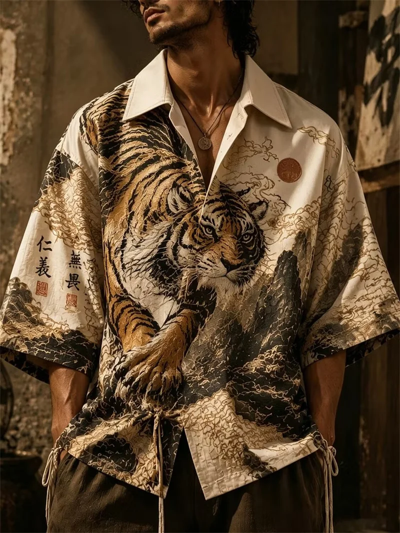 New Zen inspired casual shirt with rice base color, splashed ink, landscape calligraphy, vacation short sleeved shirt