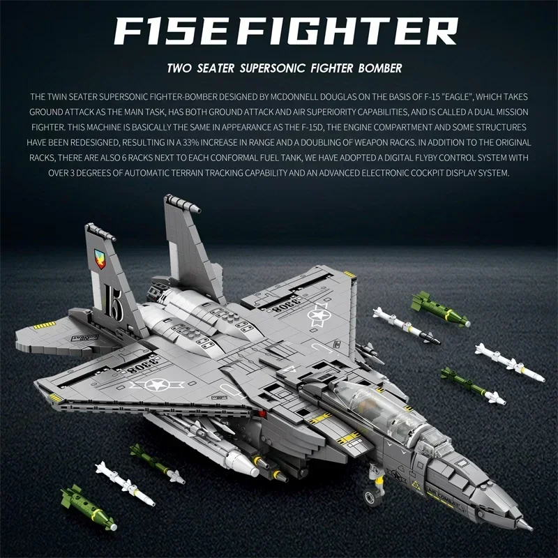 1897PCS F-15E Strike Eagle Bomber Building Blocks Military Fighter Model Bricks Desktop Ornament Educational Puzzle Toy Gifts
