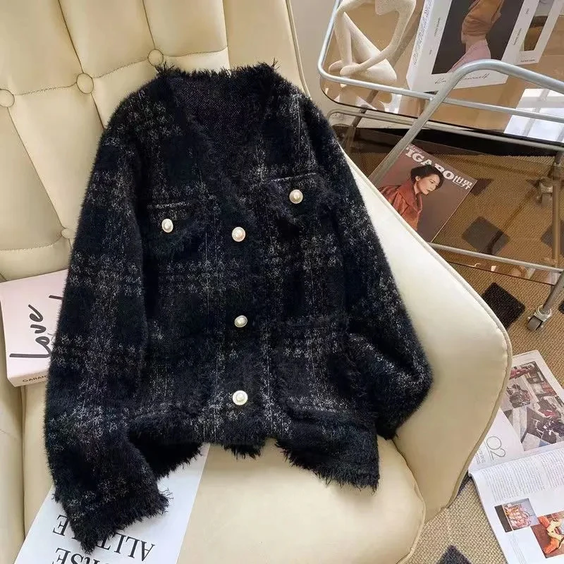 Gidyq Autumn Tassel V Neck Cardigan Women White Elegant Knitted Crop Tops French Chic Single Breasted Black Ladies Jacket Winter