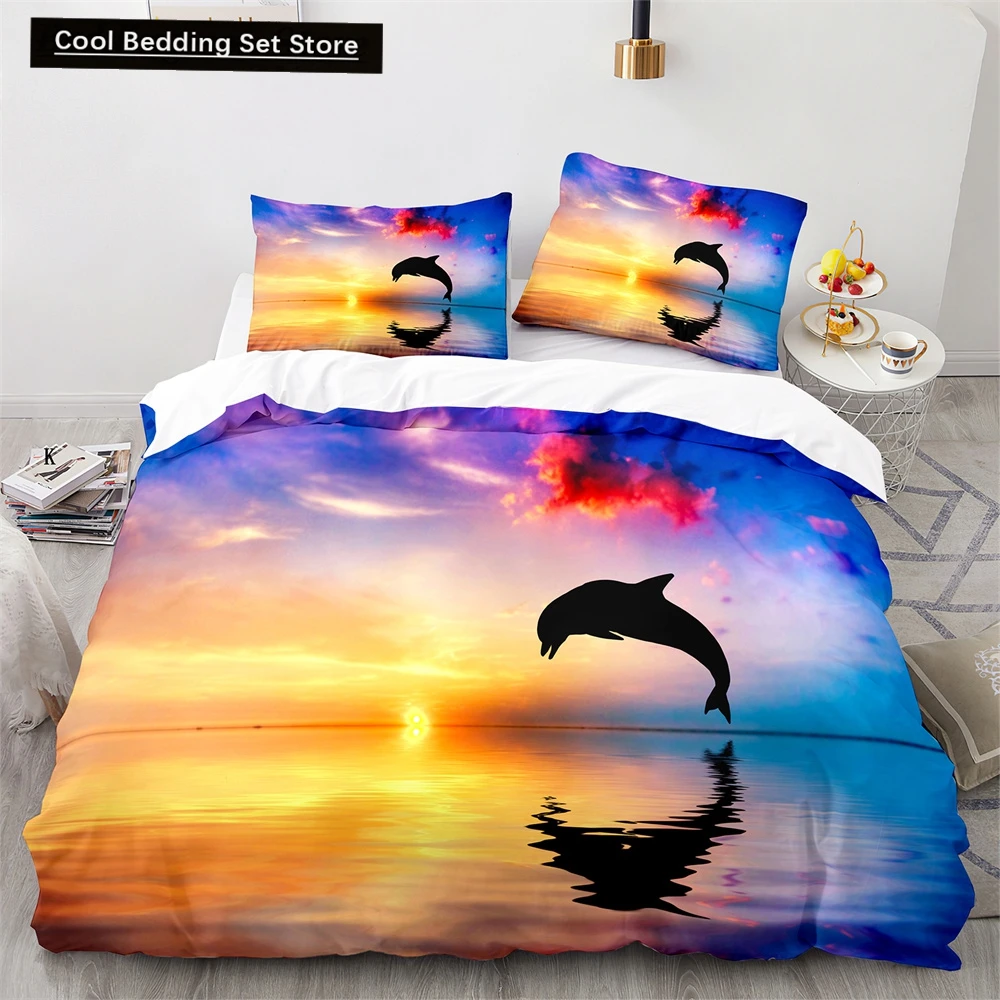 

Dolphin Duvet Cover King Queen Size Lovely Sea Life Bedding Set for Kids Boy Girl Cute Ocean Animal 2/3pcs Polyester Quilt Cover