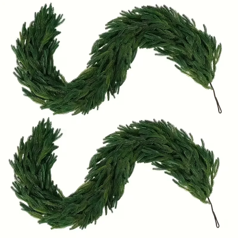 2 Stück Weihnachtsgirlande, künstliche Norfolk-Kiefernnadeln, grüne saisonale Girlande für Weihnachten, Kamin, Winter, Feiertage, Innen- und Außendekoration, ganzjährig festliche