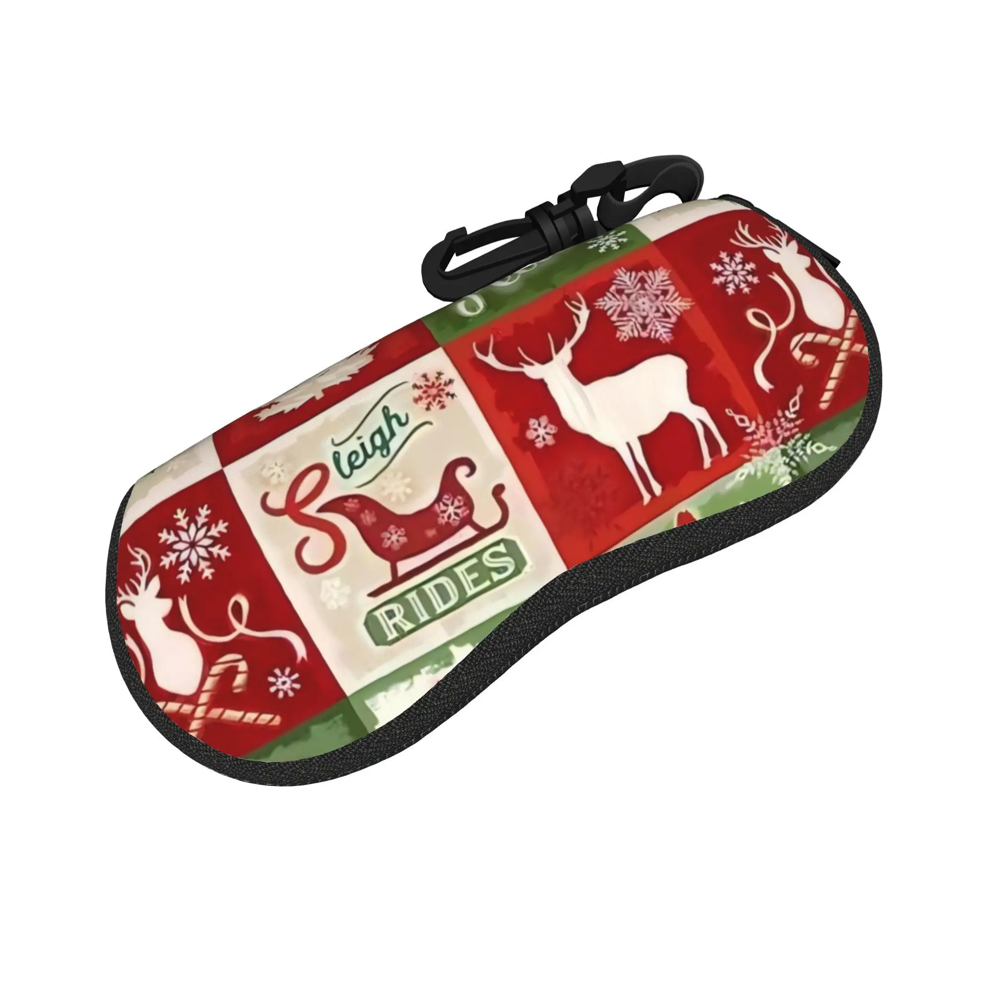 1pc Vintage German-Inspired Christmas Glasses Case with Zippered Closure Red/Green Plaid Golden Snowflake Design