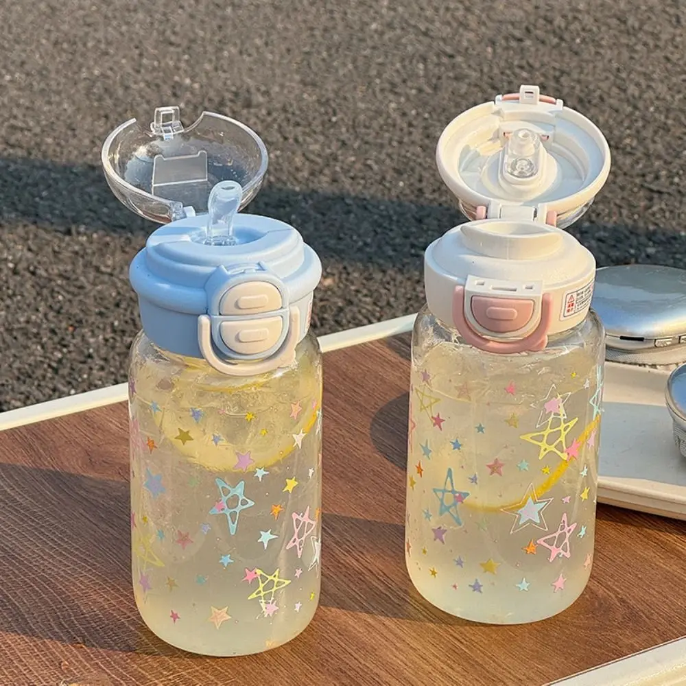 

500ml Transparent Plastic Cup Straw Cup Star Pattern Graffiti Water Bottles Fall Prevention Lifting Rope Drinking Water Bottle