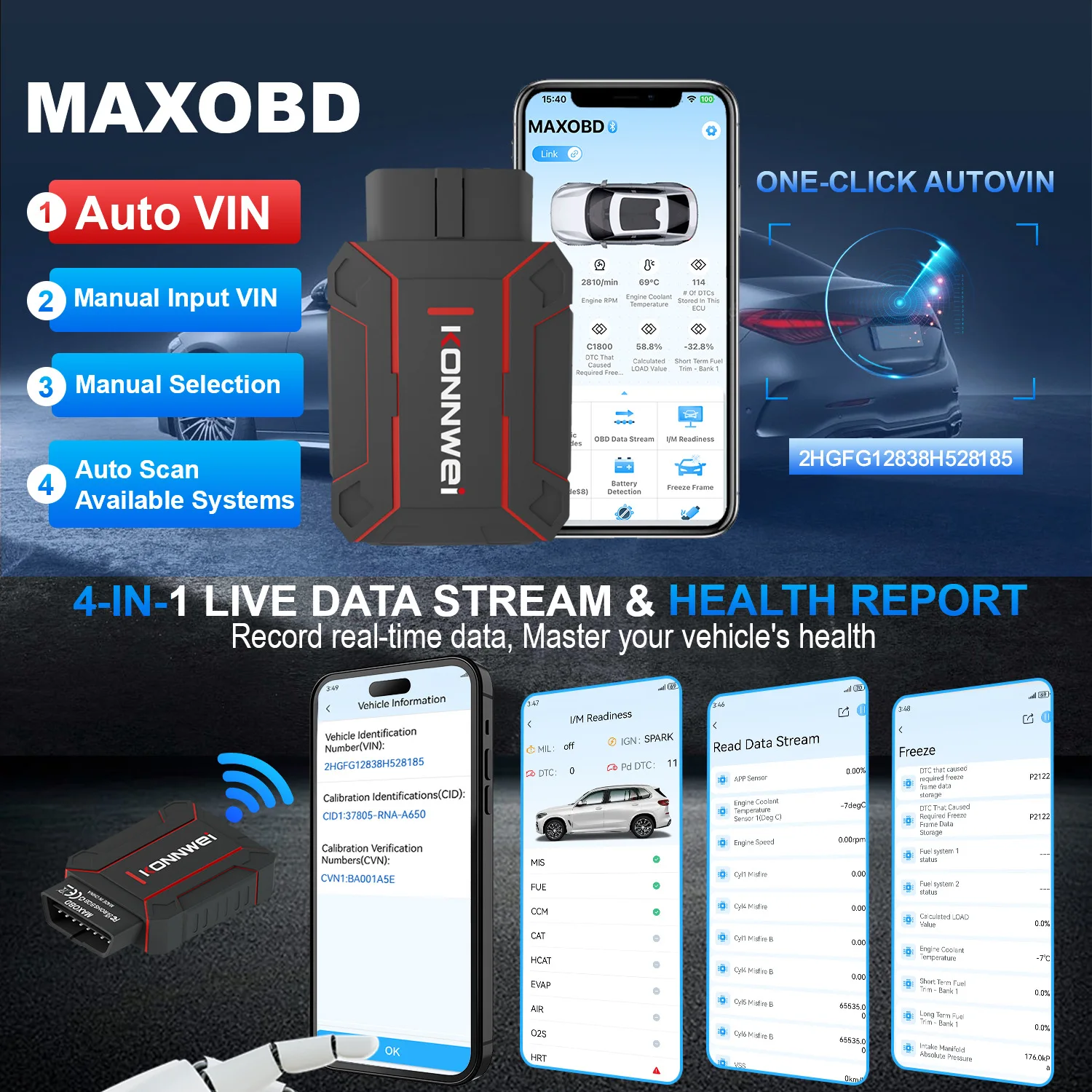 Maxobd Full Function OBD2 Scanner Car Diagnostic Tool Auto Code Reader Engine Fault Detection ECU Reset Scan Tool Universal Vehi