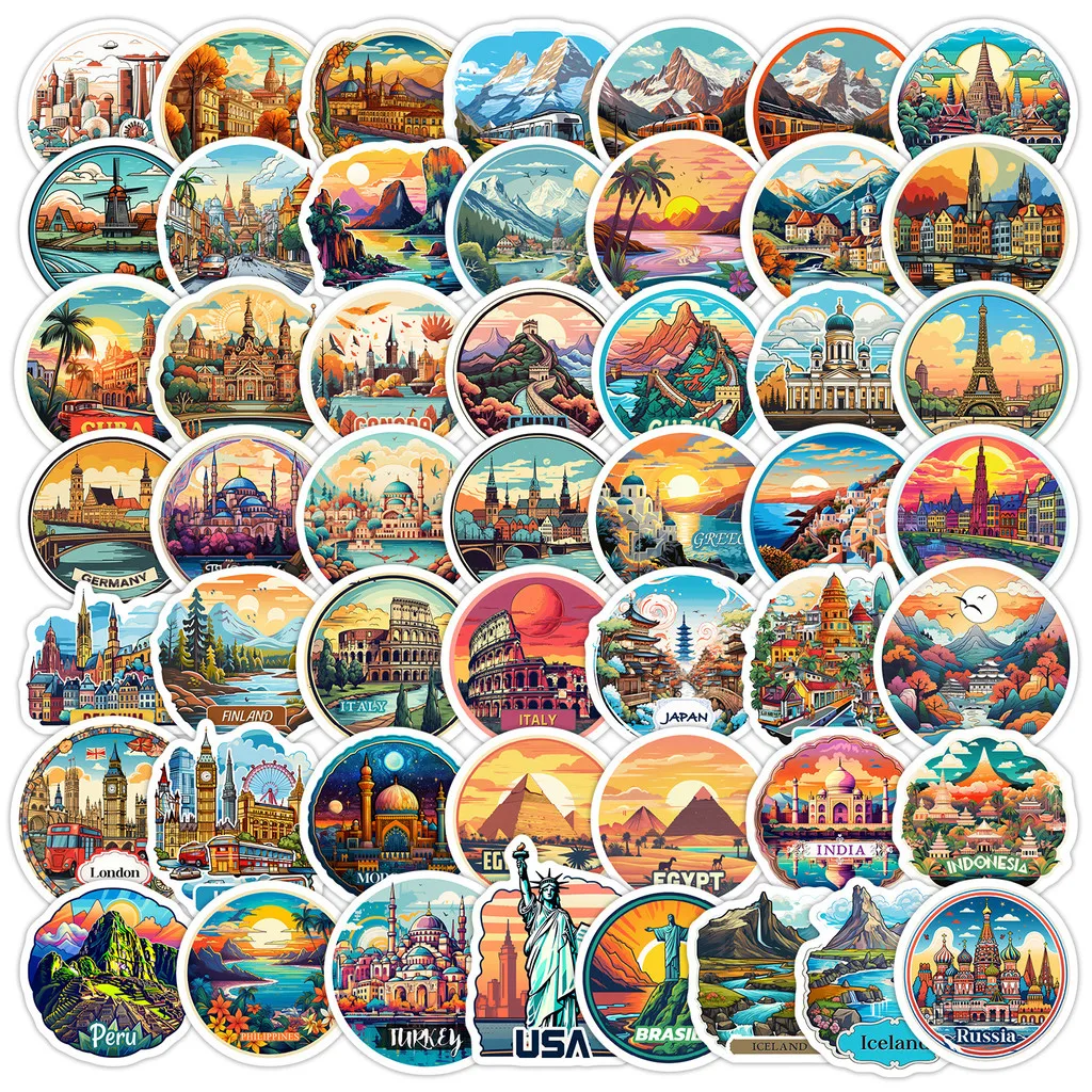 50PCS Travel Landmark Graffiti Stickers - Waterproof Decor for Water Cup, Phone & Creative Use RecordingYourLife Store