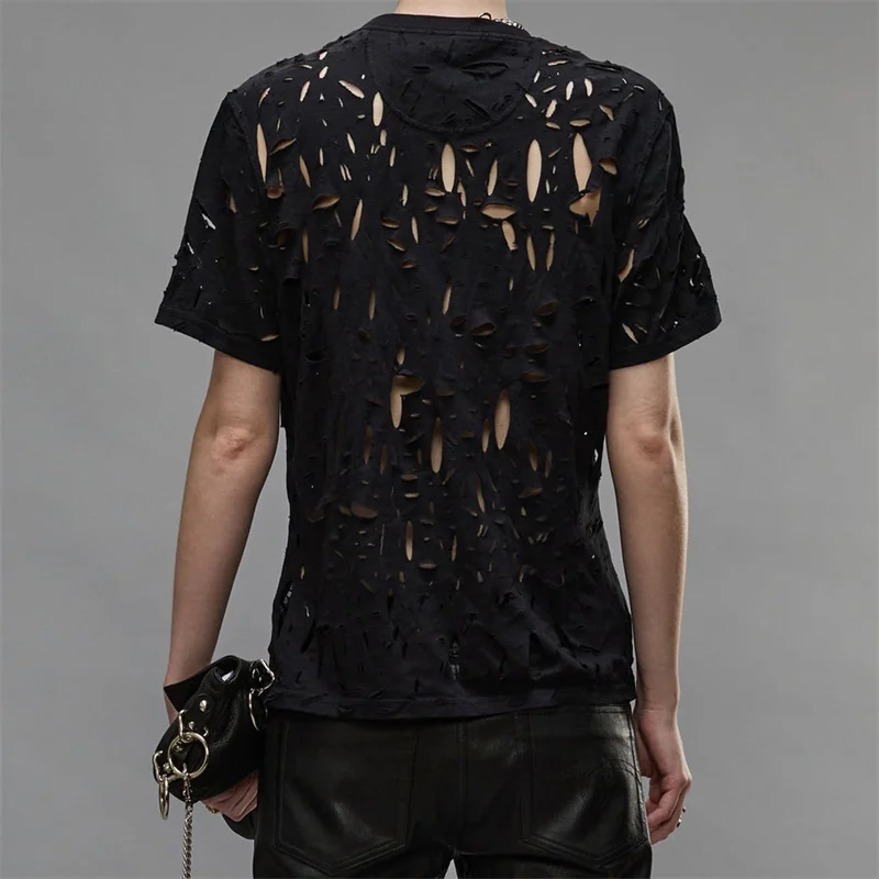 Women\'s t-shirt New Summer 2024 Laser cut Distressed short sleeved top Elastic knitted pure cotton round neck pullover Top women
