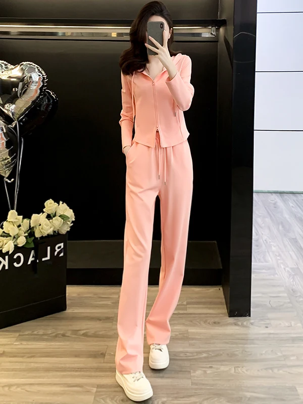 

Модный повседневный спортивный костюм для женщин: розовая куртка, топ и брюки с широкими штанинами, комплект из двух предметов, молодежный образ, весна 2026