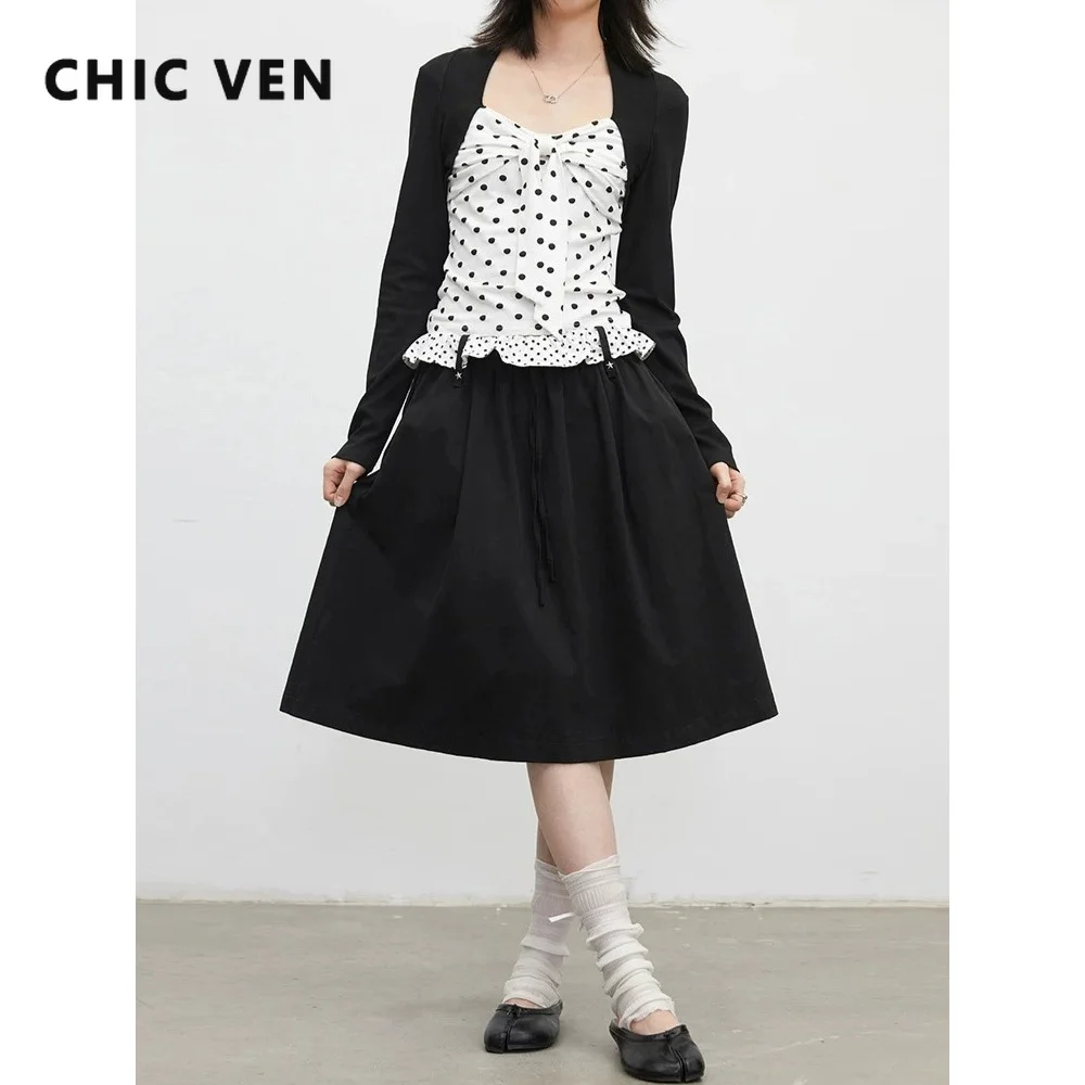CHIC VEN Women Skirt New High Waisted A-line Contrast Color Drawstring Cotton Mid Length Skirts for Girl Spring Autumn 2026