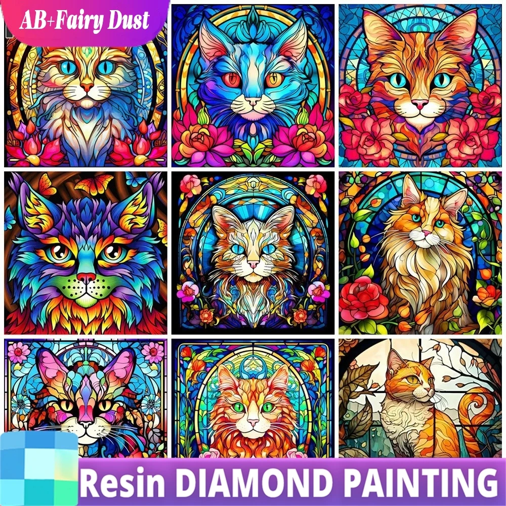الراتنج الجنية الغبار AB Diy الماس الحيوان القط كامل جولة مربع الحفر اللوحة زهرة اليدوية هدية مجموعة صور ديكور المنزل