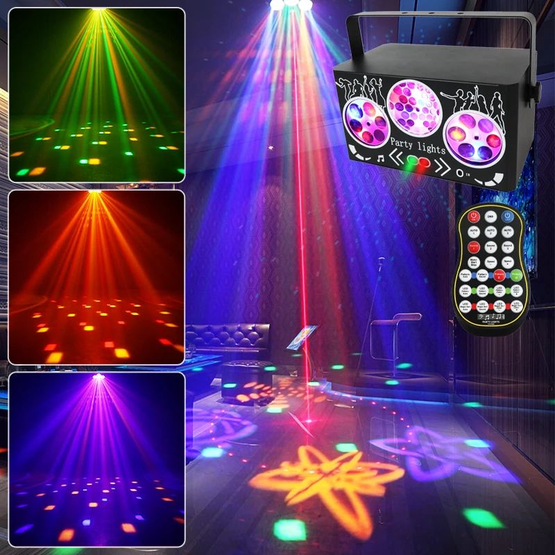Dj Disco Party Light Remote Control DMX RGB Laser Projection Strobe for Party Christmas Bar Rotating LED Stage Effect Lights