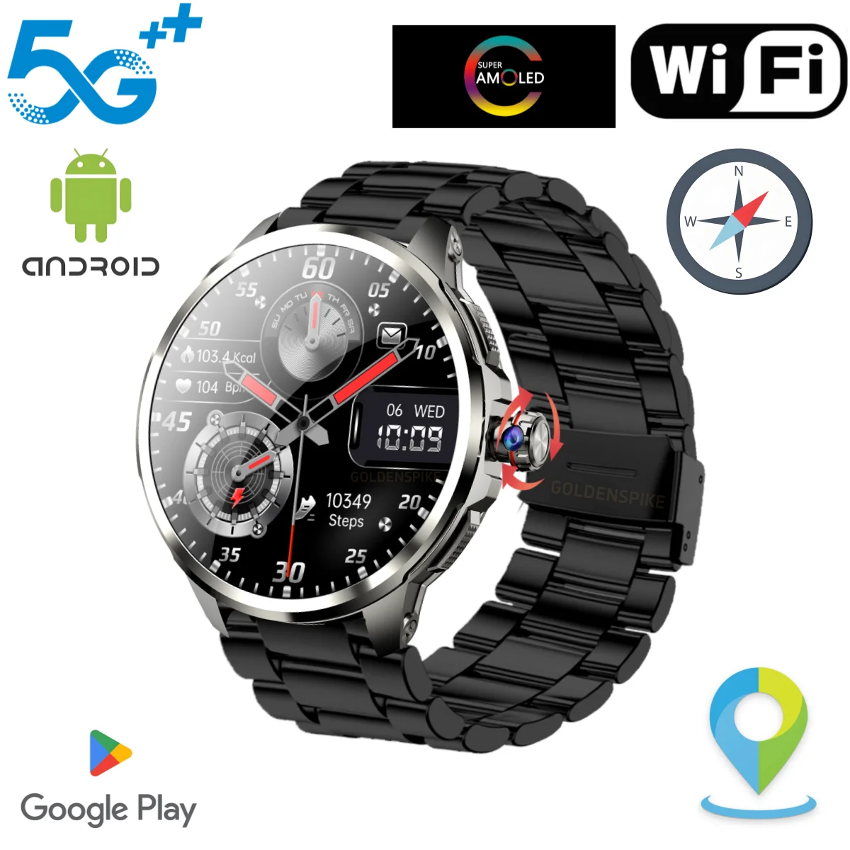 New 5G Full Netcom Android Smart Watch 1.95 inch Amoled 720*720 HD Resolution Smartwatch With 190° Rotary Camera GPS Compass NFC