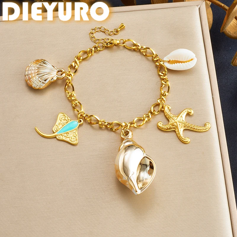 DIEYURO 316L Stainless Steel Golden Conch Shell Devil Fish Starfish Charm Pendant Bracelet For WomenClassic Hand Chain Jewelry