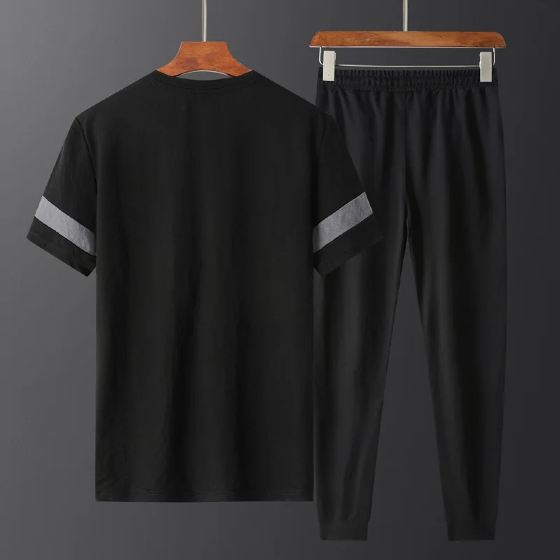 plus size sports suit men's summer quick dry short-sleeved T-shirt long trousers 7xl 8xl casual two-piece thin section black