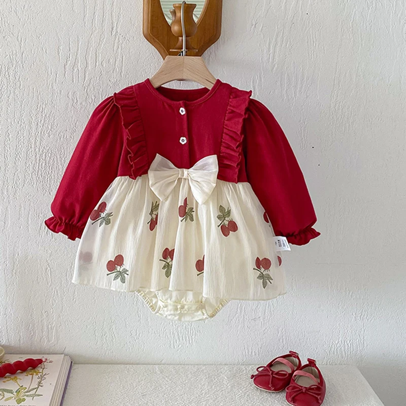 Romper Bayi Perempuan Baru Lahir Natal 0-3 Tahun Romper Bayi Musim Gugur Bodysuit Pita Anak-anak Strawberry Onepiece Pakaian Bayi Modis