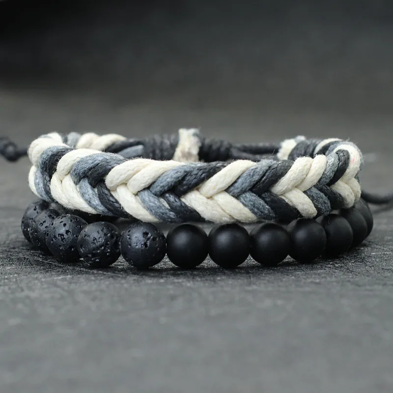 Noter neue 2 teile/satz Männer Armband hand gefertigt Weaven verstellbare Kordel kette Braslet 8mm natürliche Lava Tiger Augen Stein Armband Homme