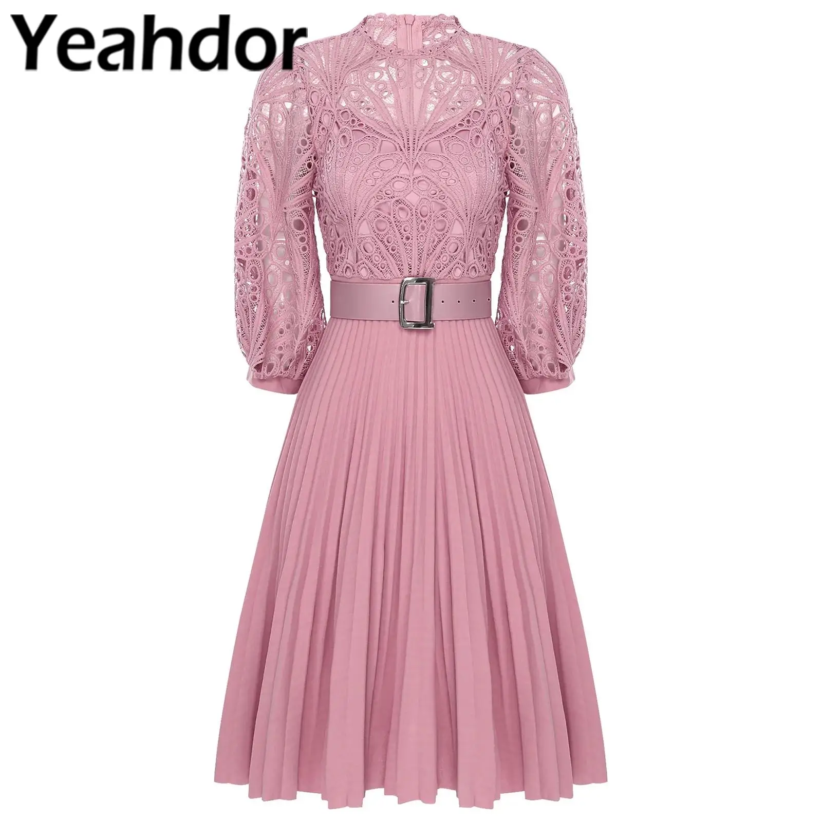 Women's Dress with Belt 3/4 Sleeve Lace Pleated High Waist A-line Elegant Dresses for Wedding Party Evening Gown Banquet Vestido