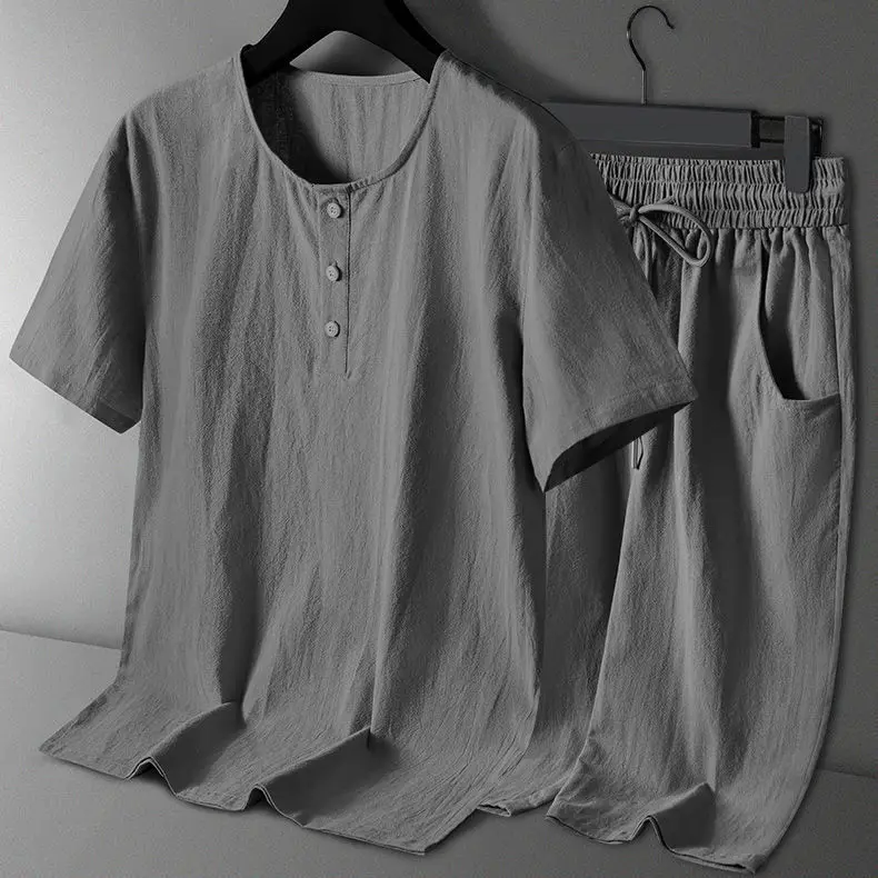 

Хлопково-льняной летний тонкий повседневный спортивный костюм для мужчин: футболка с коротким рукавом и брюки-капри в стиле Ханьфу, модная молодежная одежда