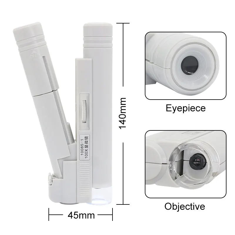 Mini microscopio portátil de bolsillo con luz LED, lupa de joyería plegable, lupa de aumento, 40X, 80X, 100X