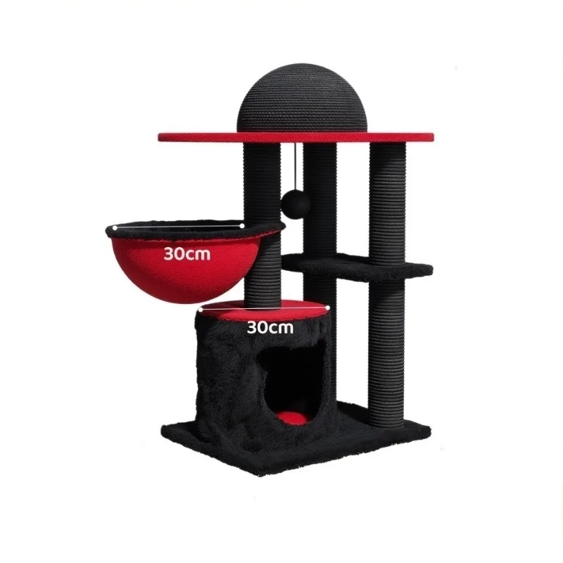 Black & Red Multi-Functional Cat Climbing Frame — Cat Bed, Toy Ball & Scratching Post Combo, Pet Supplies