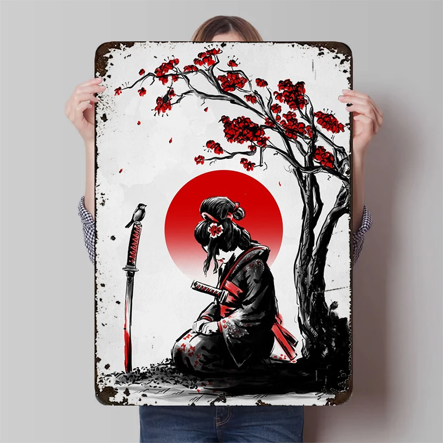 Japanese Geisha Metal Wall Art Cherry Blossom Tree Red Sun Katana Sword Samurai Decor for Living Room Office Decoration