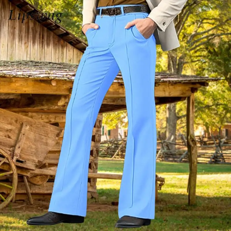 Vintage Men's Bell-bottom Solid Color Flared Trousers Spring Autumn Casual Pleated Suit Pants Men Stylish Slim Elastic Trousers