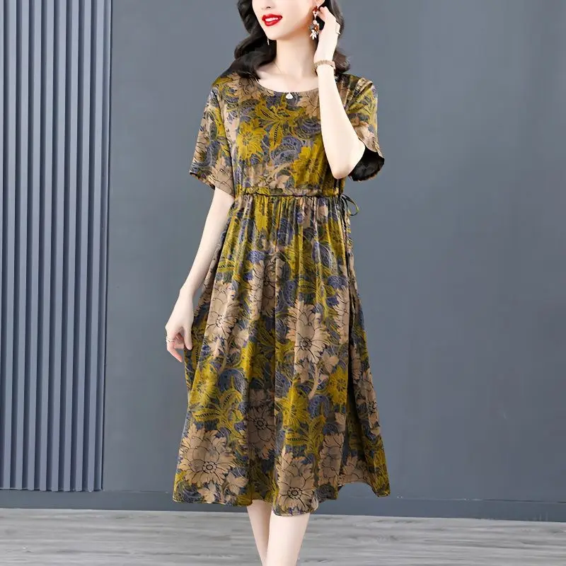 2023 Summer New Fat Mom Cover Up Large Luxury Print Dress Simple Commuter trend Print Round Neck A-line Dress