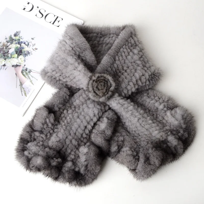 New Brand Women Genuine Mink Fur Scarf Winter Lady Knitted Natural Mink Fur Mufflers Russian Real Fur Scarves