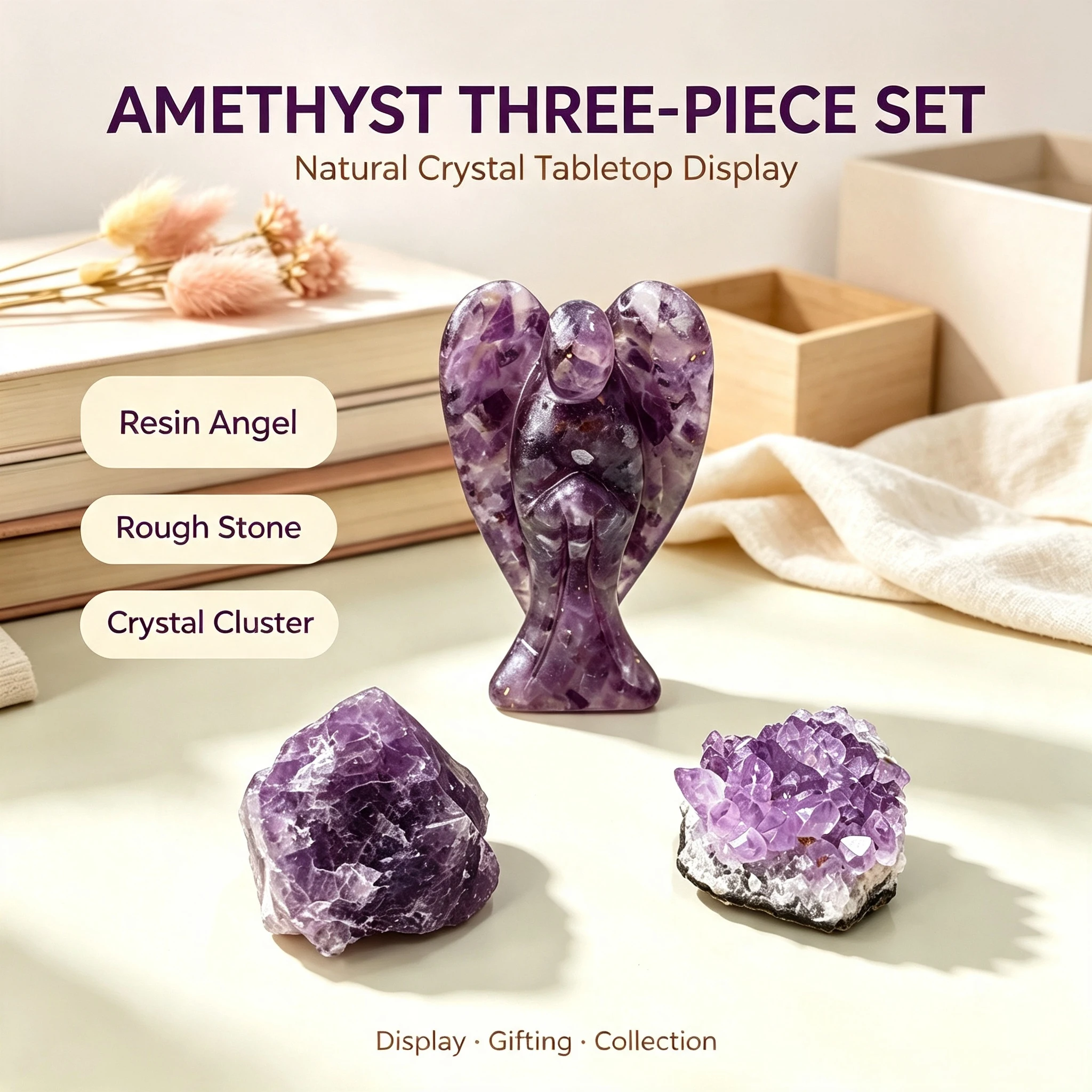 1set Natural Amethyst Angel Carving Crystal Cluster Wooden Display Box Set Specimen Spiritual Desktop Decor Gift
