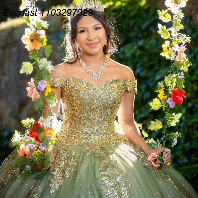 EVLAST Personalizado Sage Quinceanera Vestido de Baile Ouro Lace Applique Beads Cristal Espartilho Doce 16 Vestidos De 15 Años TQD849