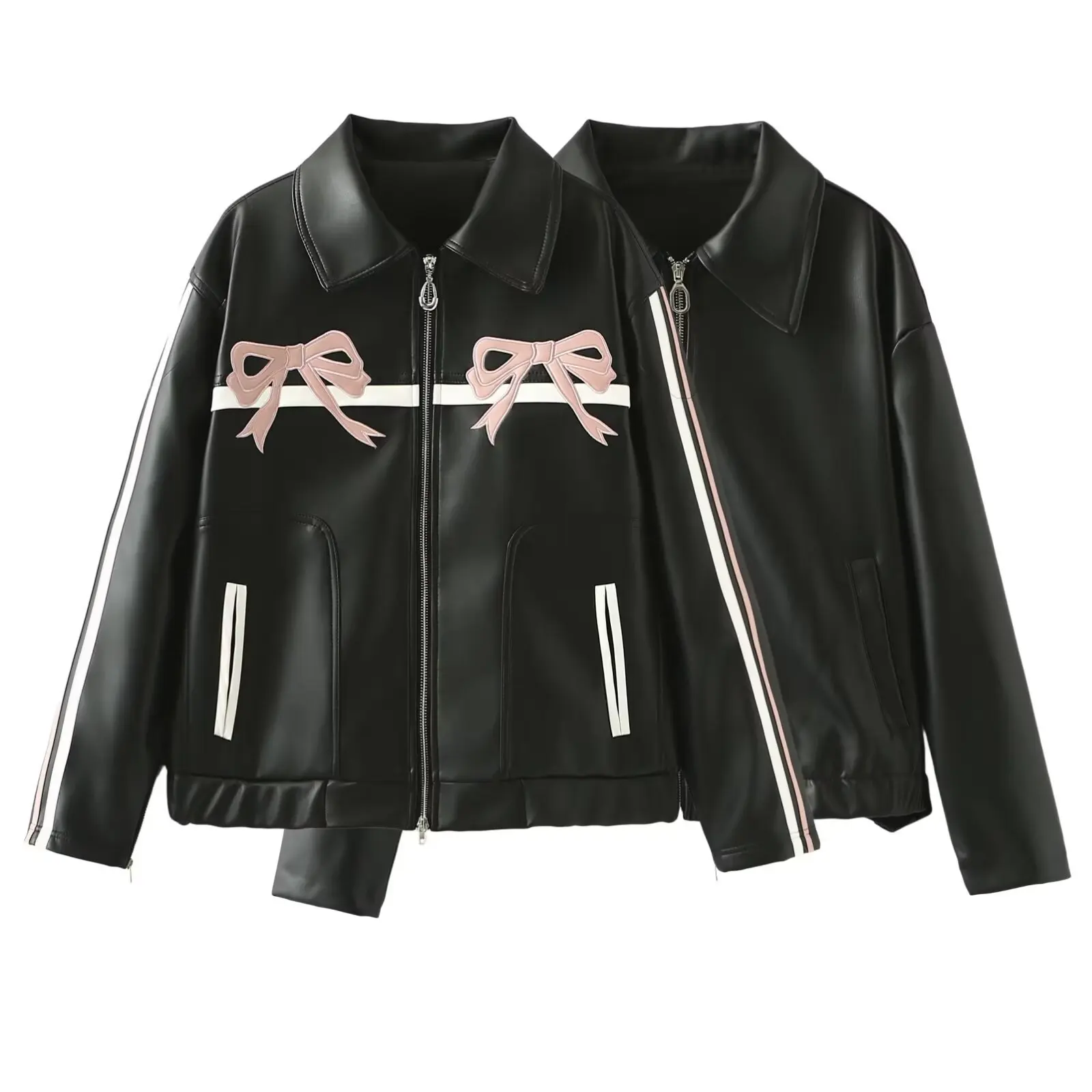 

Woman's Street Style Faux Leather Cool Bow Jacket Coat Sweet Retro Lapel Long Sleeves PU Jacket Streetwear Zipper Outerwear