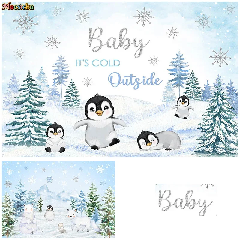 

Mocsicka Baby Show Photography Backdrop Winter New Year Party Penguin Snow Background Kid Portrait Cake Smash Photo Banner