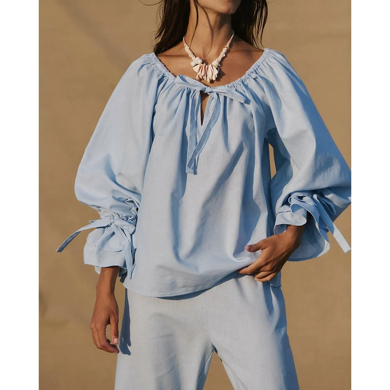 Combhasaki conjunto feminino de 2 peças, cor sólida, loungewear, cordão, laço, gola redonda, camisa + bainha plissada em camadas, calças compridas flare