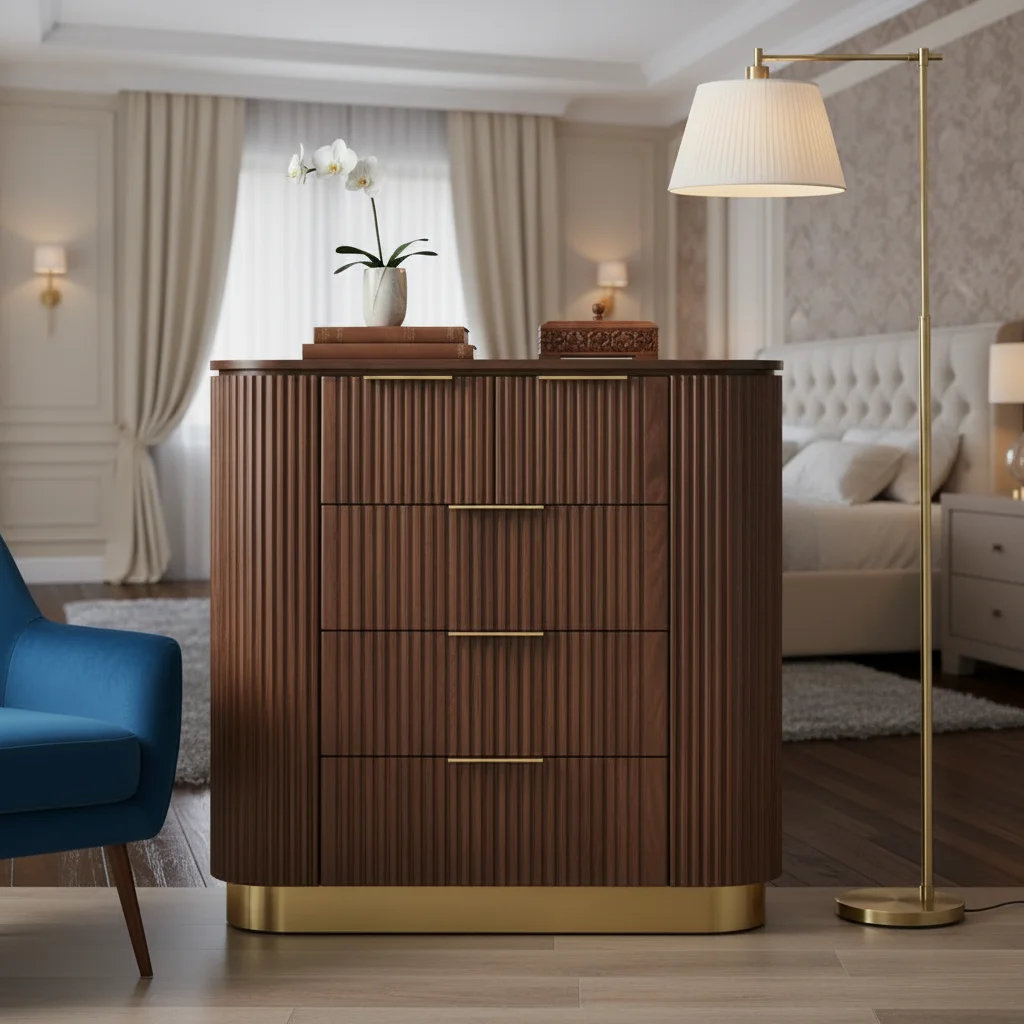 Newest Wooden Bedroom Sets Furniture Luxury Brown Oak Metal Base Dresser With 5 Drawers
